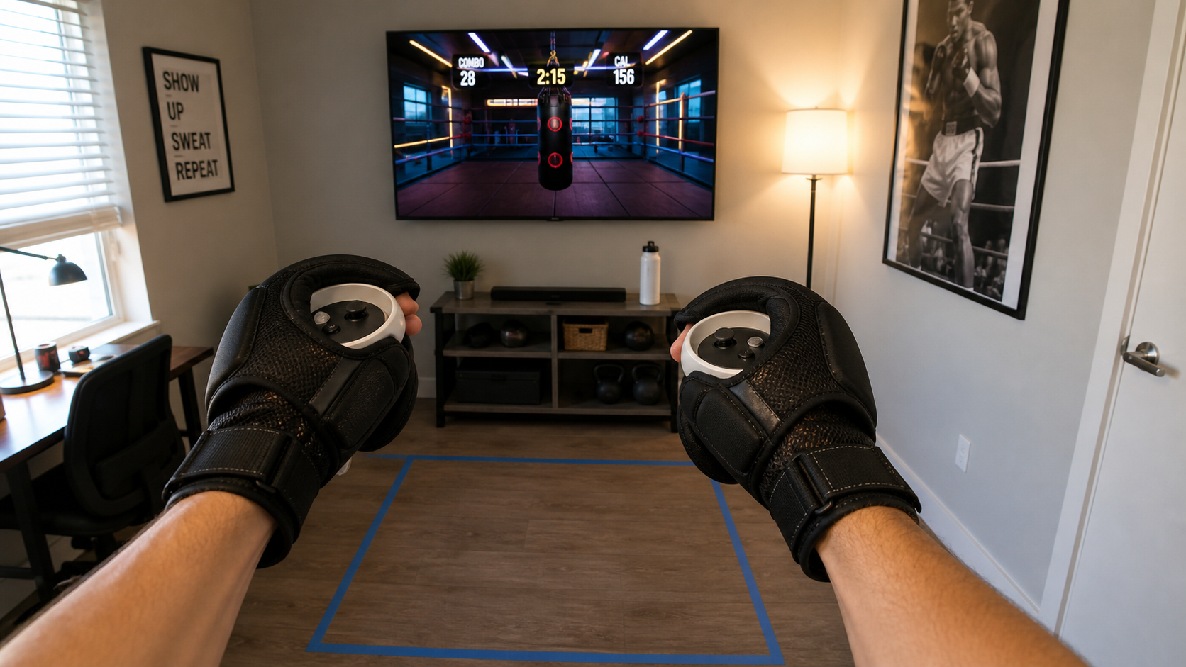 A first-person view of a VR boxing workout in a small living room, with hands in gloves raised.