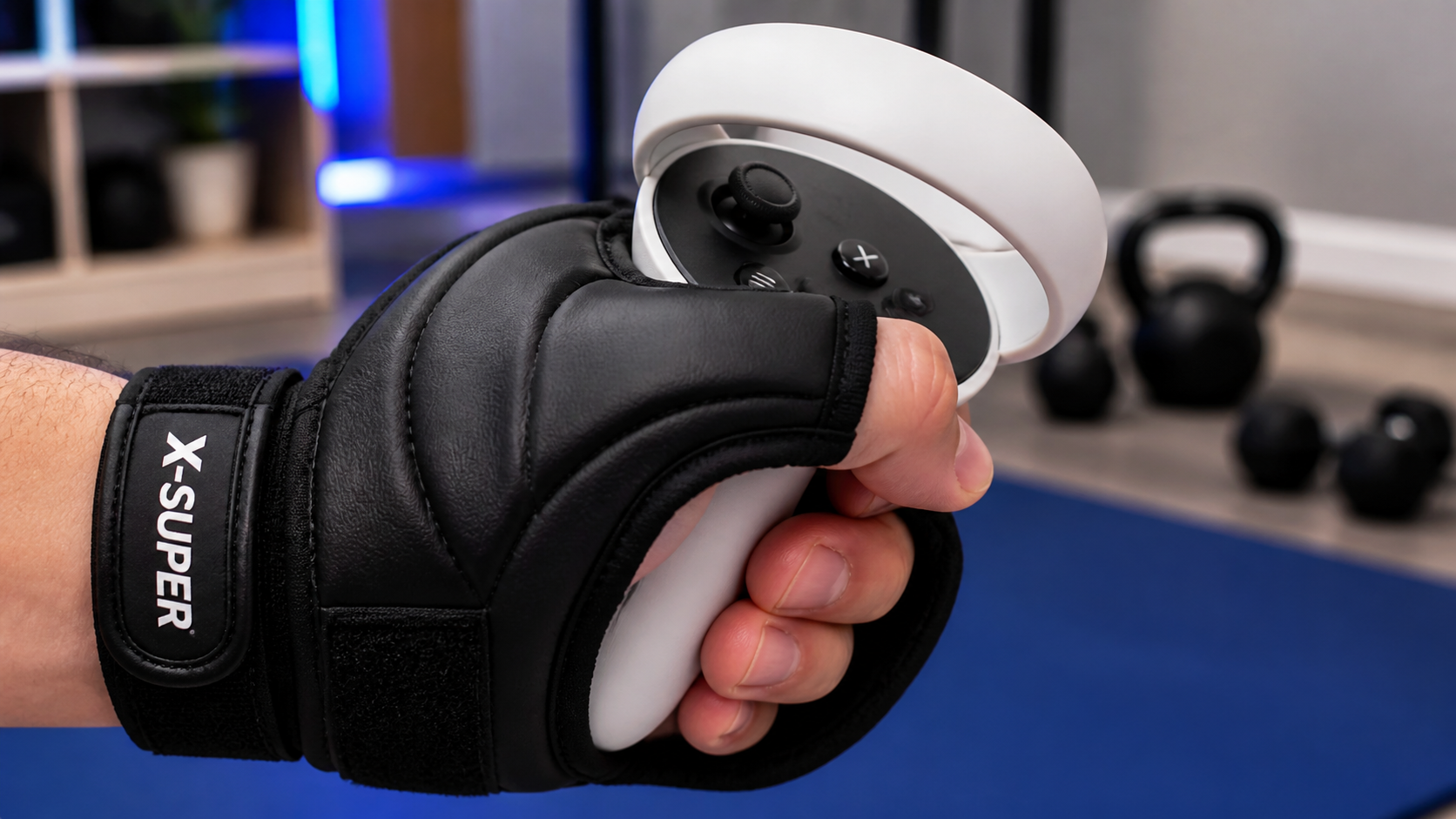 A close-up shot of a hand in a VR boxing glove tightly gripping a Meta Quest 3 controller.
