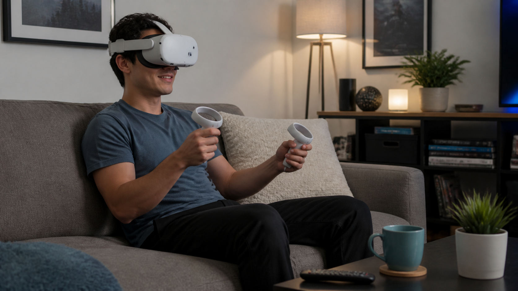 A person sitting on a couch, casually playing a VR puzzle game without needing extra grip accessories.