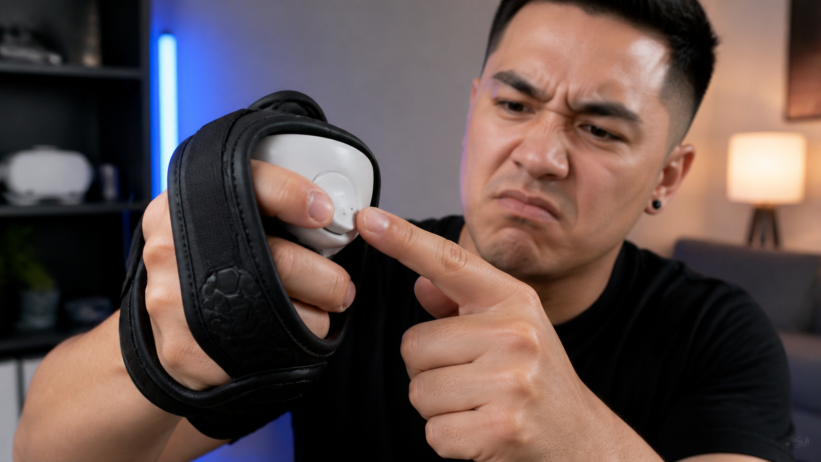 A user looking annoyed while trying to press the small menu button on a controller covered by a bulky VR glove.
