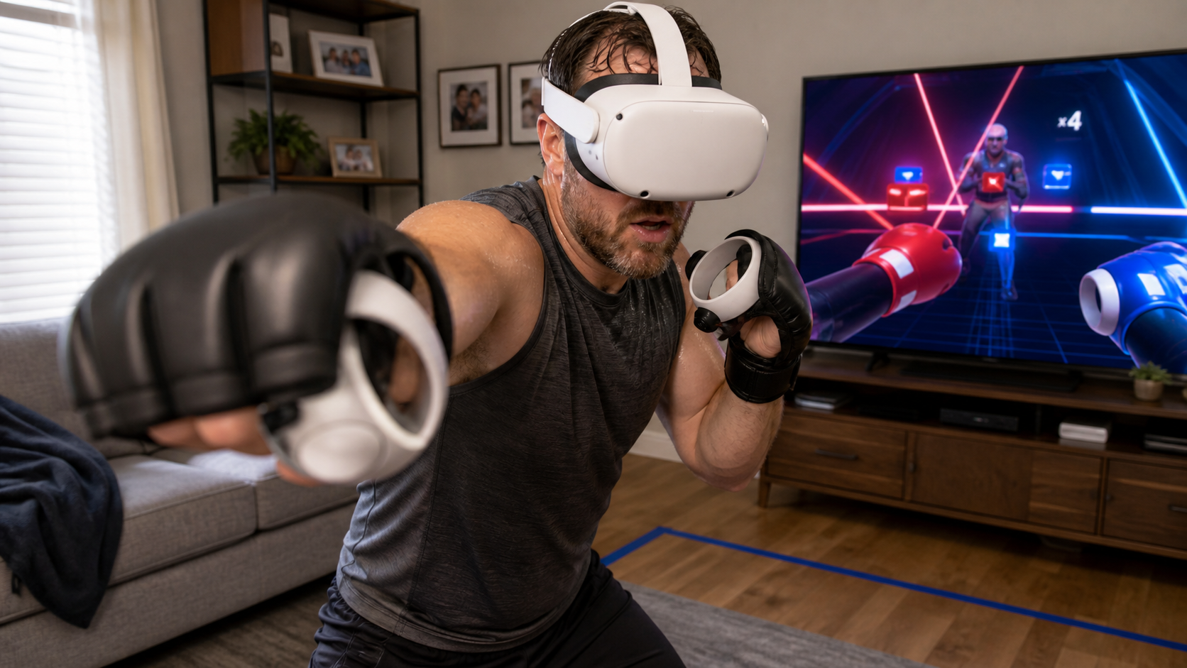 A parent in a living room looking focused and sweaty while playing PowerBeatsVR with VR boxing gloves
