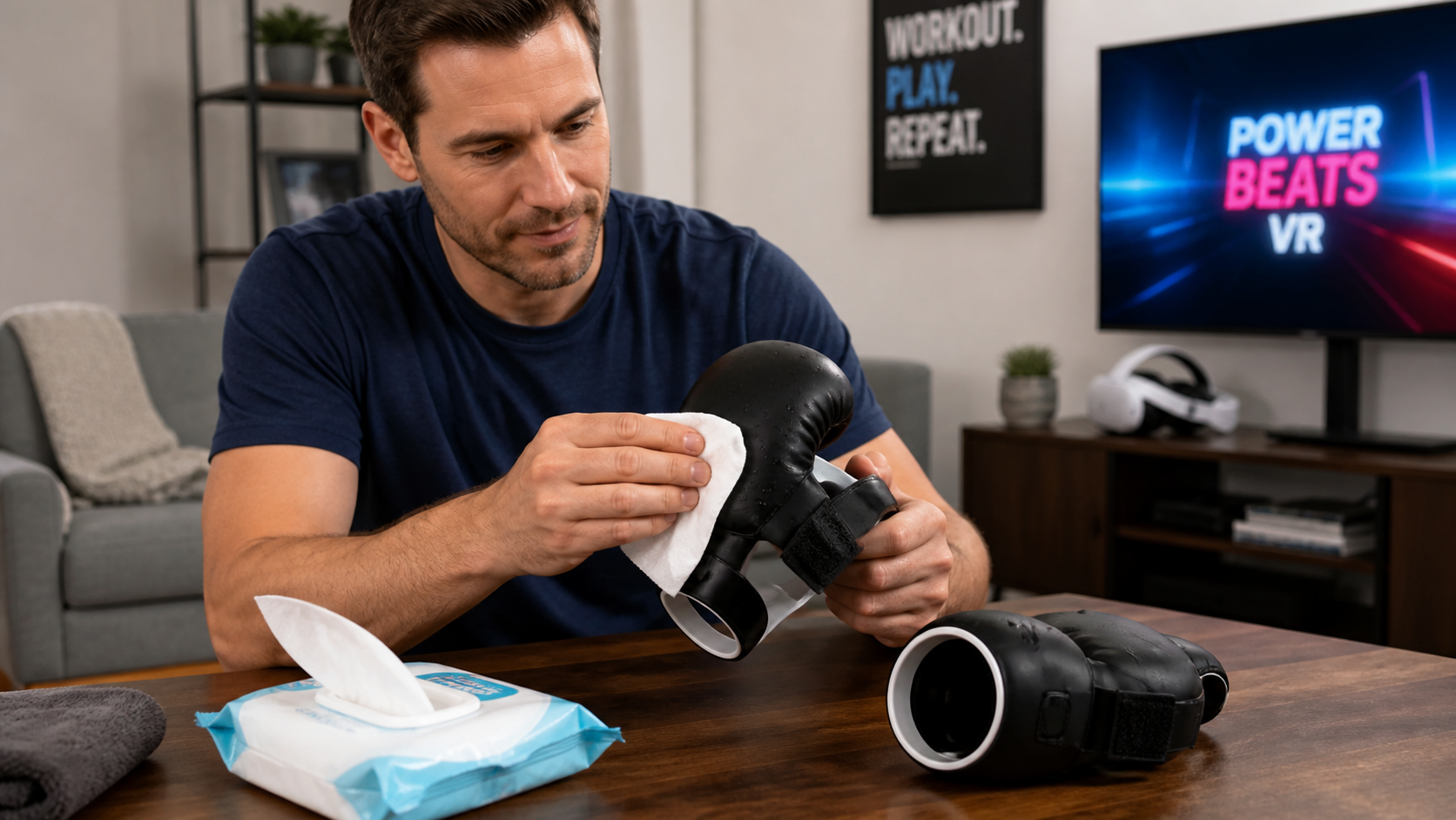 A parent wiping down the silicone VR boxing gloves with an antibacterial wipe in a shared family room