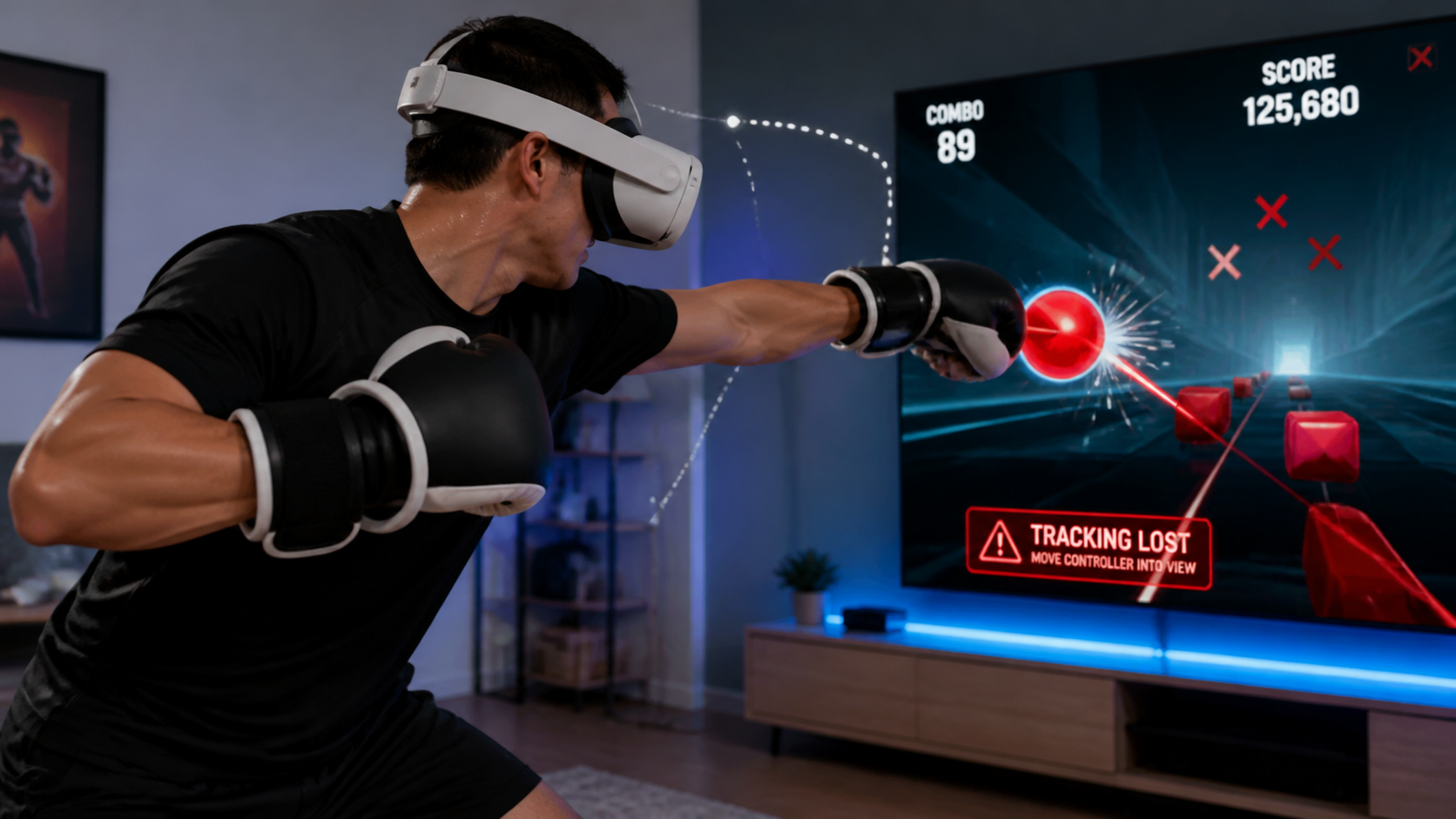 A user throwing a wide hook in a VR boxing game, showing the potential for tracking interference