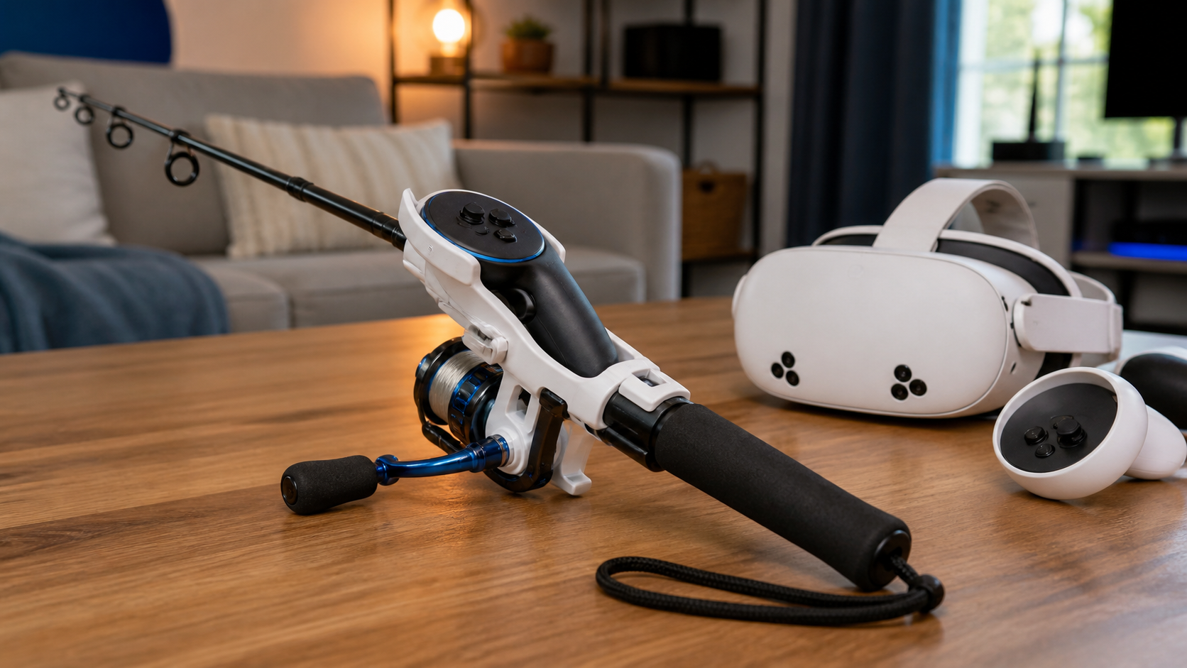 A VR fishing rod accessory with a Quest Pro Touch Controller securely mounted, resting on a table next to the headset.