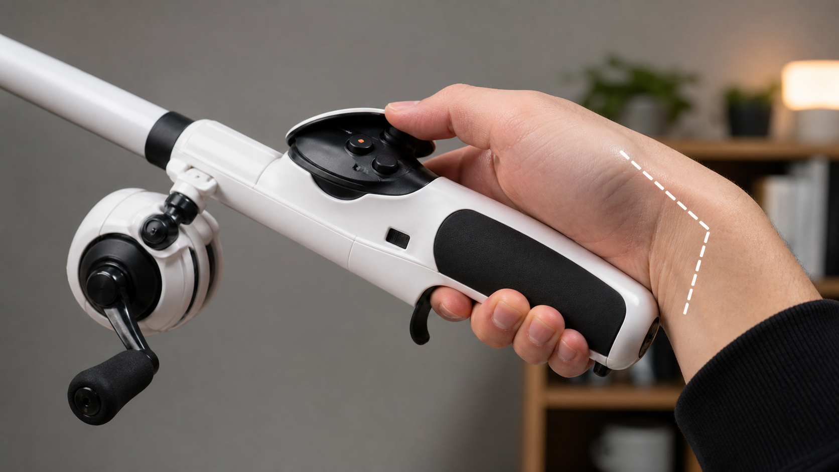 A close-up view of a hand gripping the VR fishing rod, highlighting the slight, unnatural bend at the wrist joint.