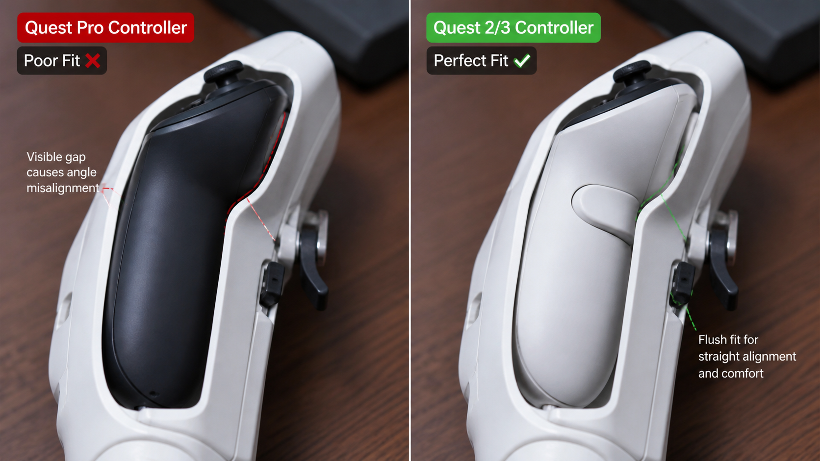 A split image showing the Quest Pro controller fitting poorly in the mount on one side, and a standard controller fitting perfectly on the other.