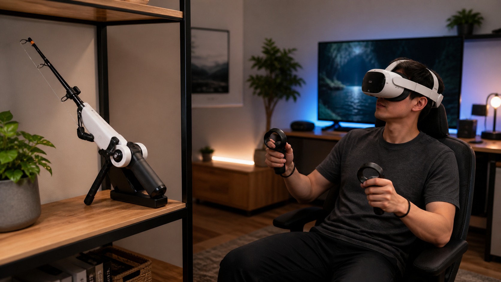 The VR fishing rod accessory is placed on a shelf, while a user casually plays a VR game with just the bare Quest Pro controllers.