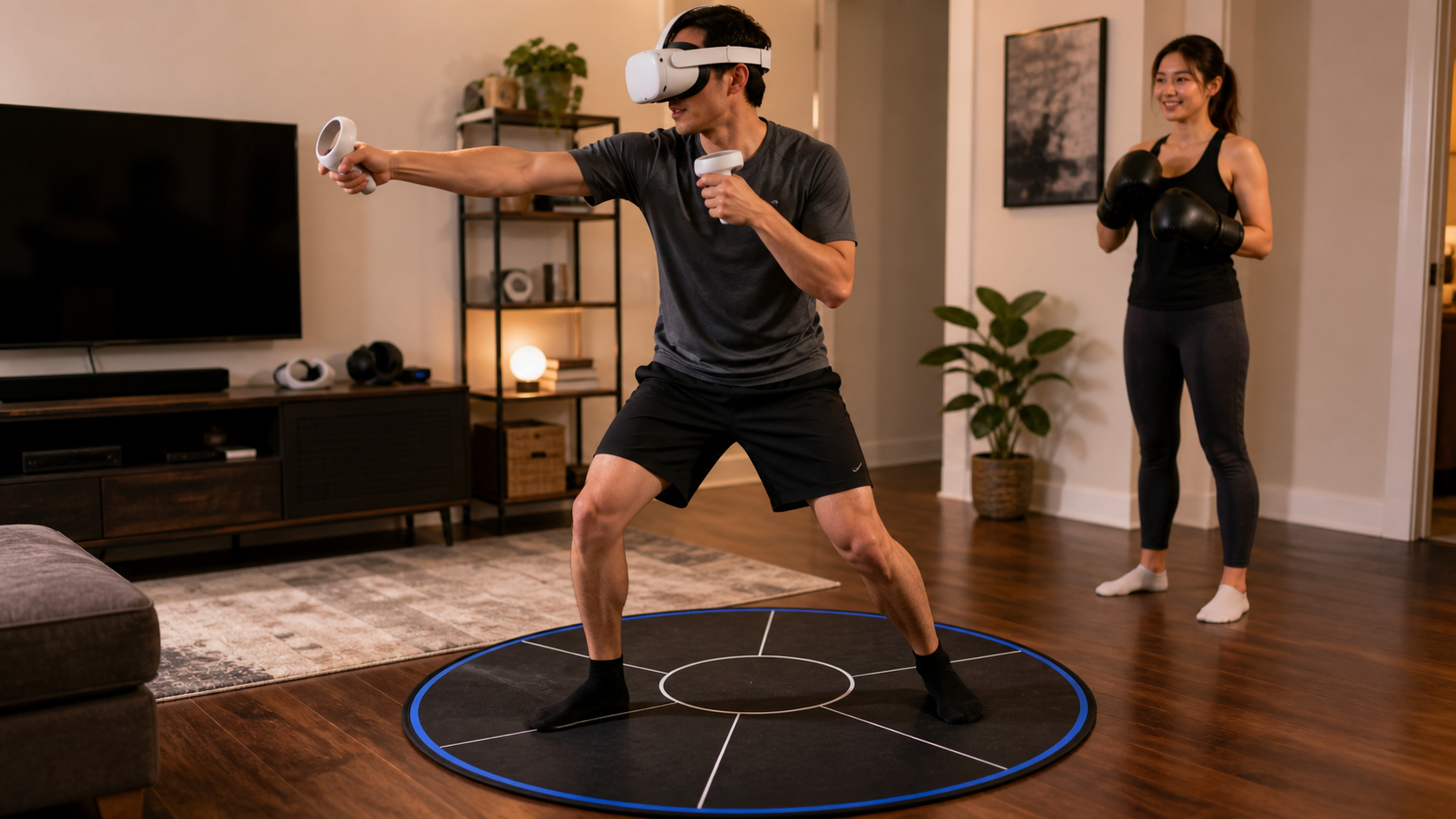 A person wearing a Meta Quest 2 headset stands on a round VR mat, while another family member waits to play boxing.