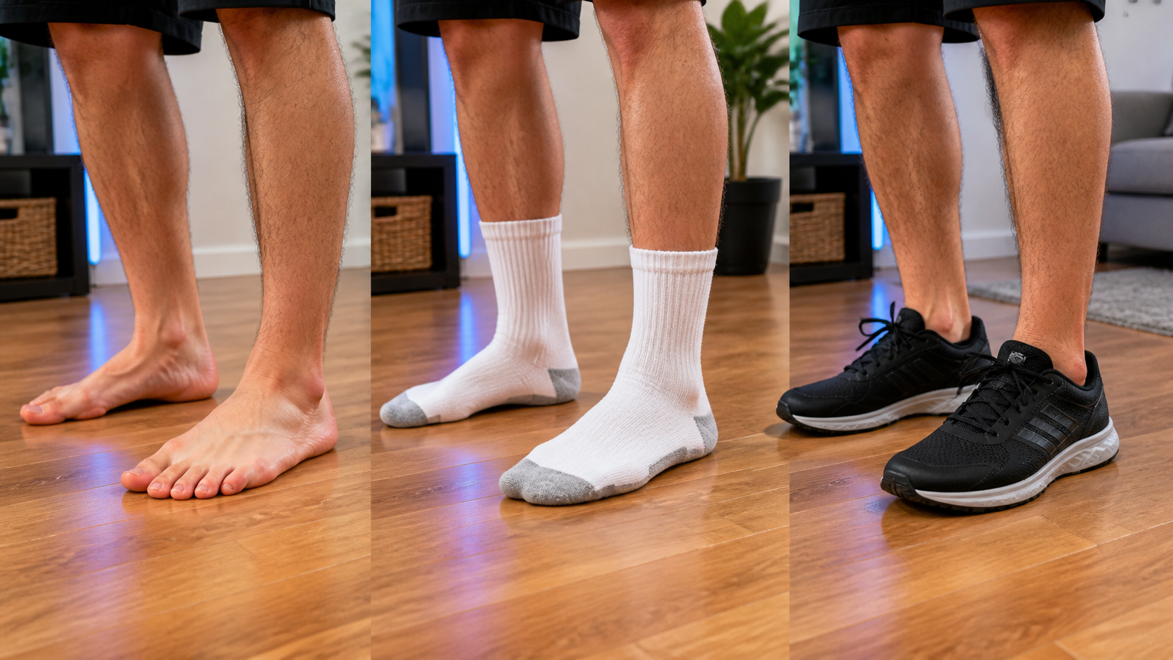 A side-by-side view showing bare feet, socks, and athletic shoes on a hardwood floor for VR gaming.