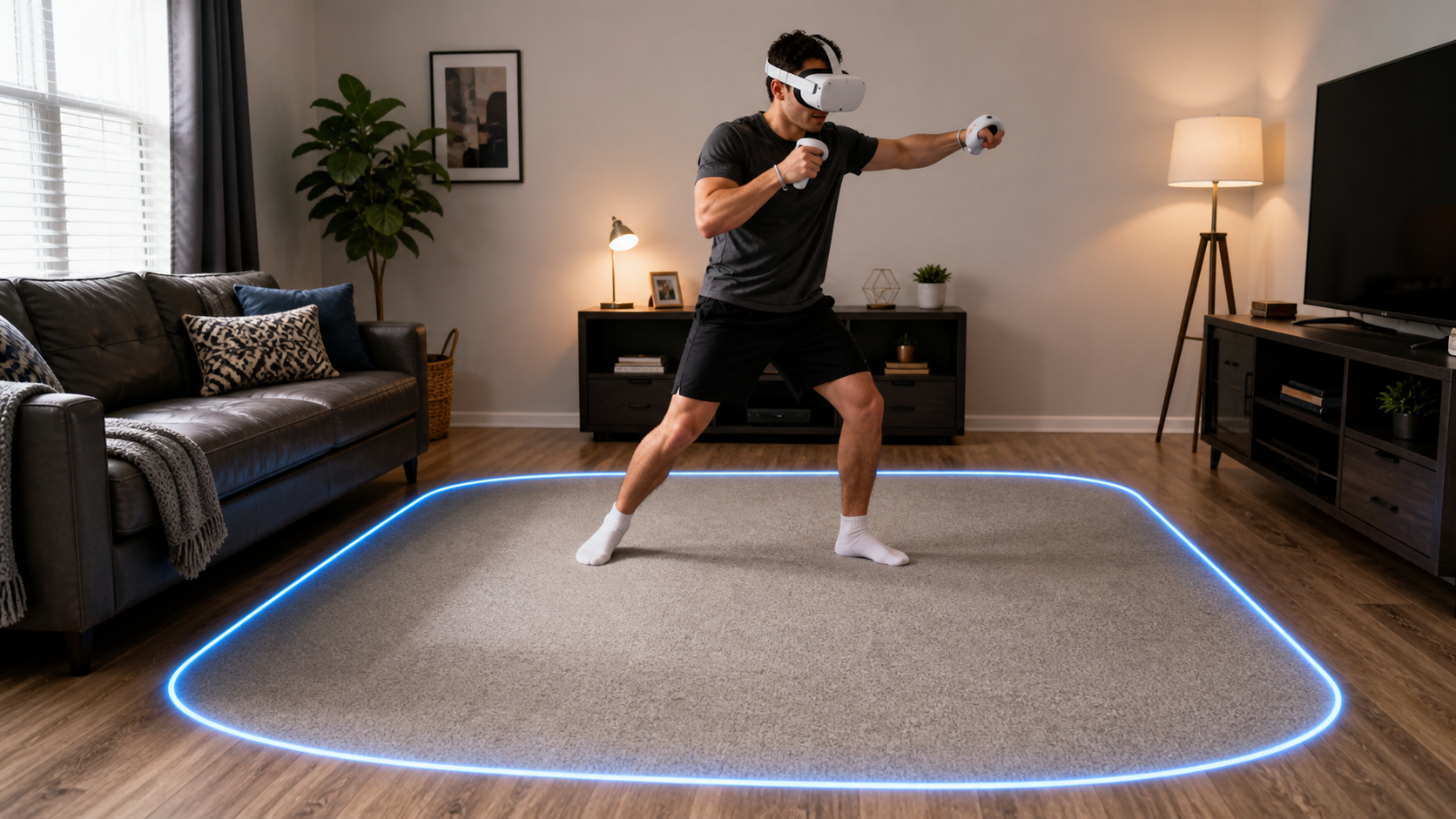 A living room with a VR play area outlined by a guardian boundary, with furniture pushed to the sides.