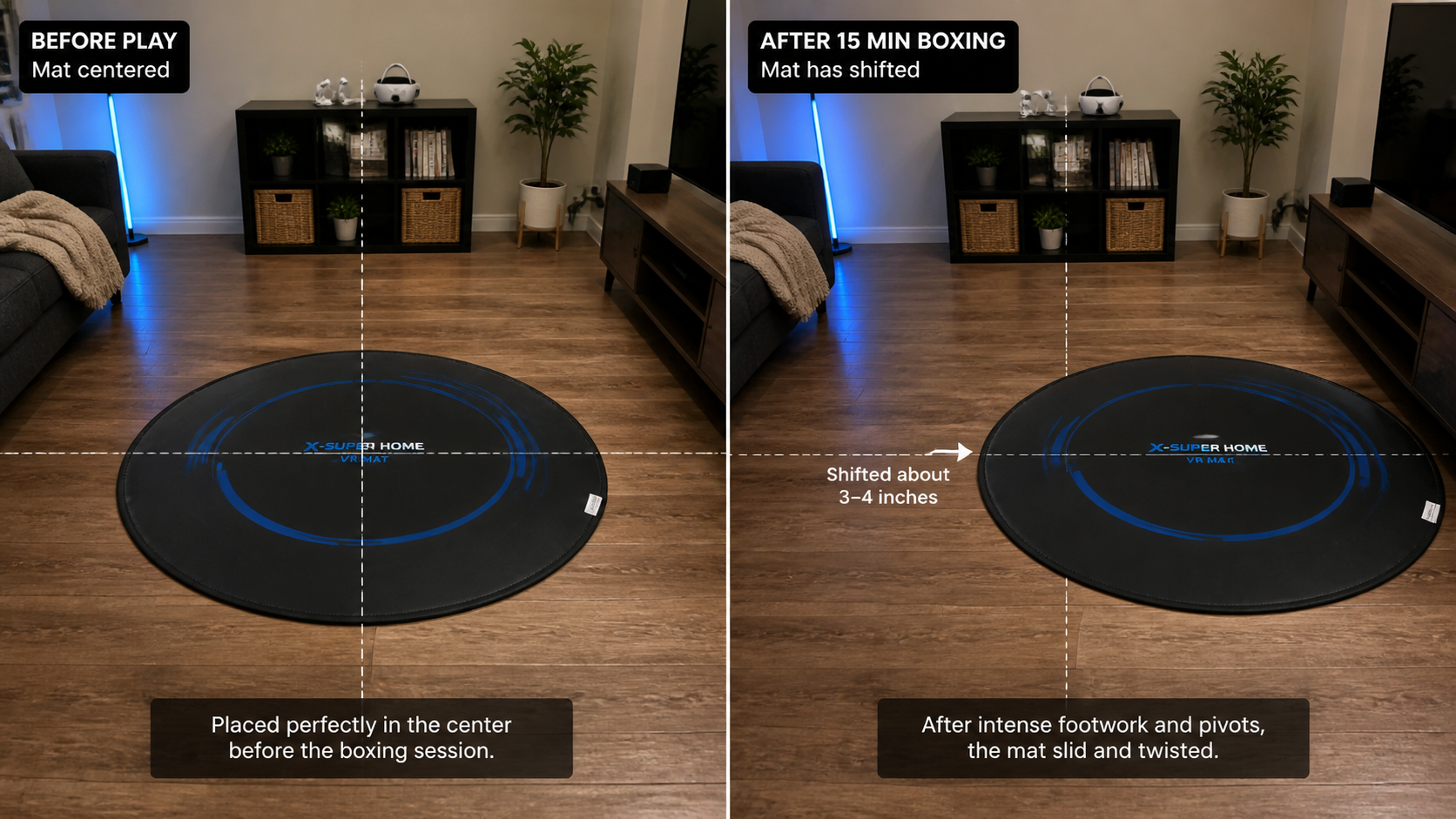 A before-and-after photo showing a VR mat that has shifted several inches on a floor after a boxing session.