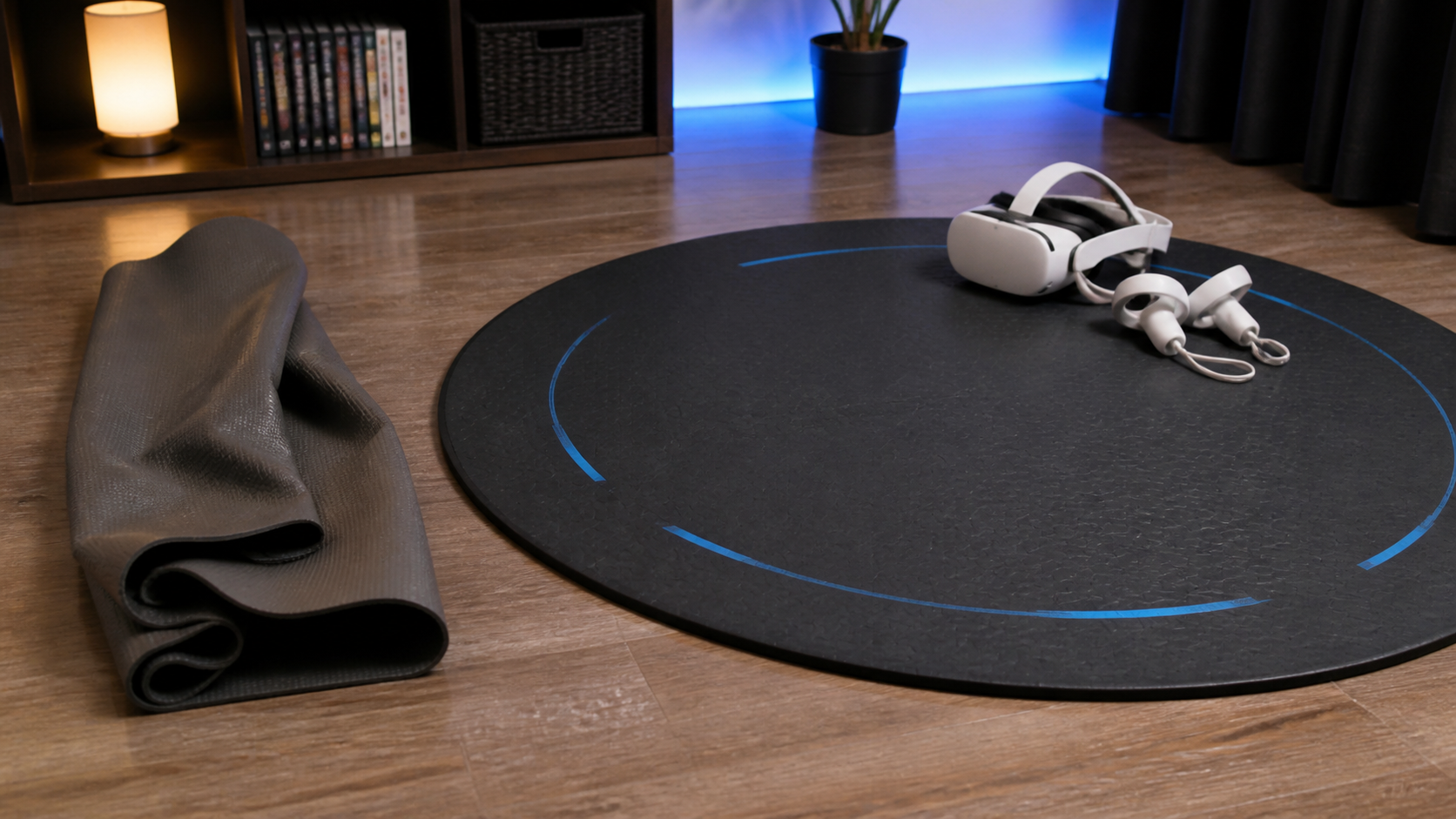 A narrow yoga mat bunched up on the floor next to a larger, flat VR mat in a gameplay area.