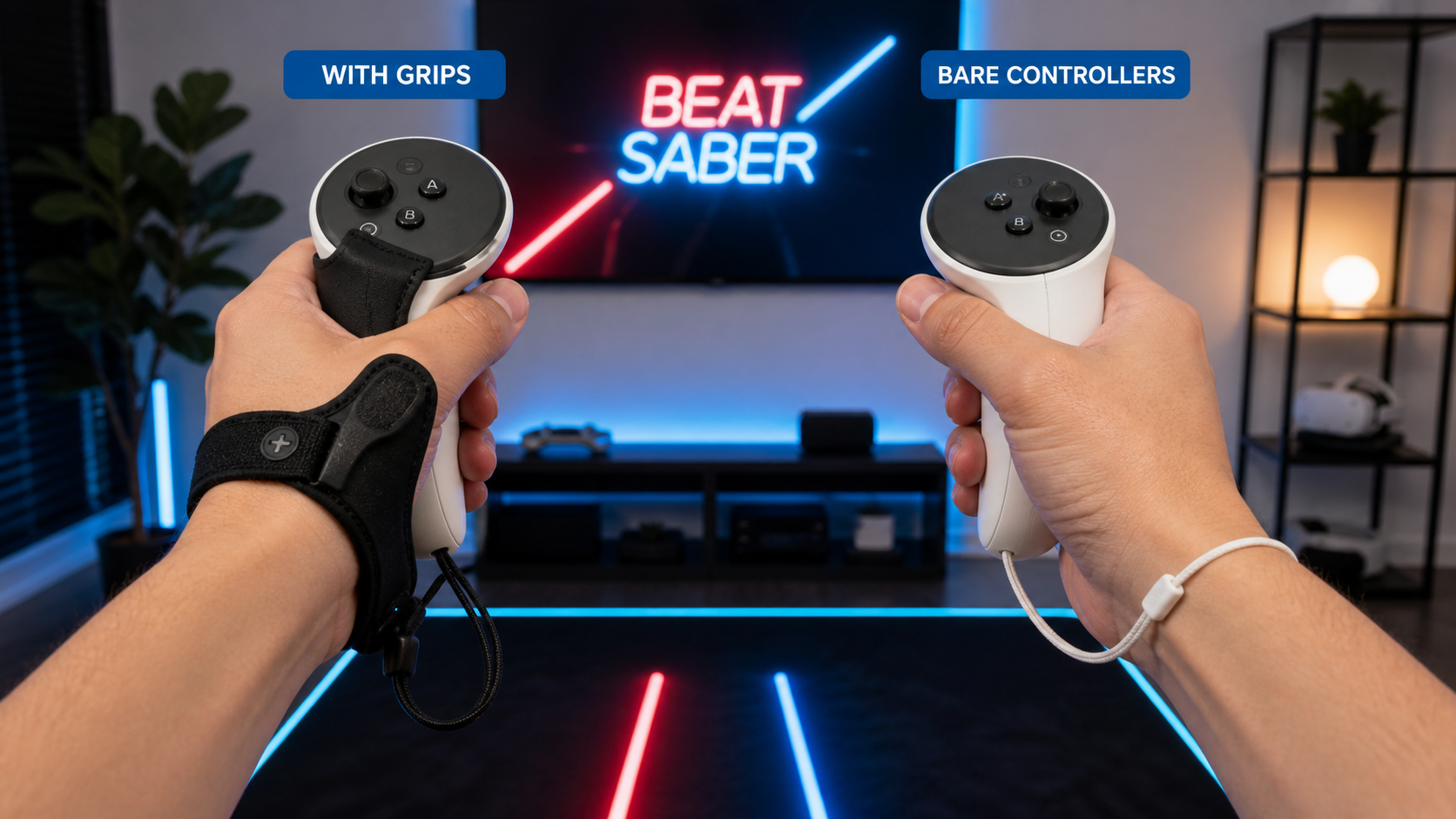 A side-by-side comparison of hands holding Quest 3S controllers with and without Beat Saber grips