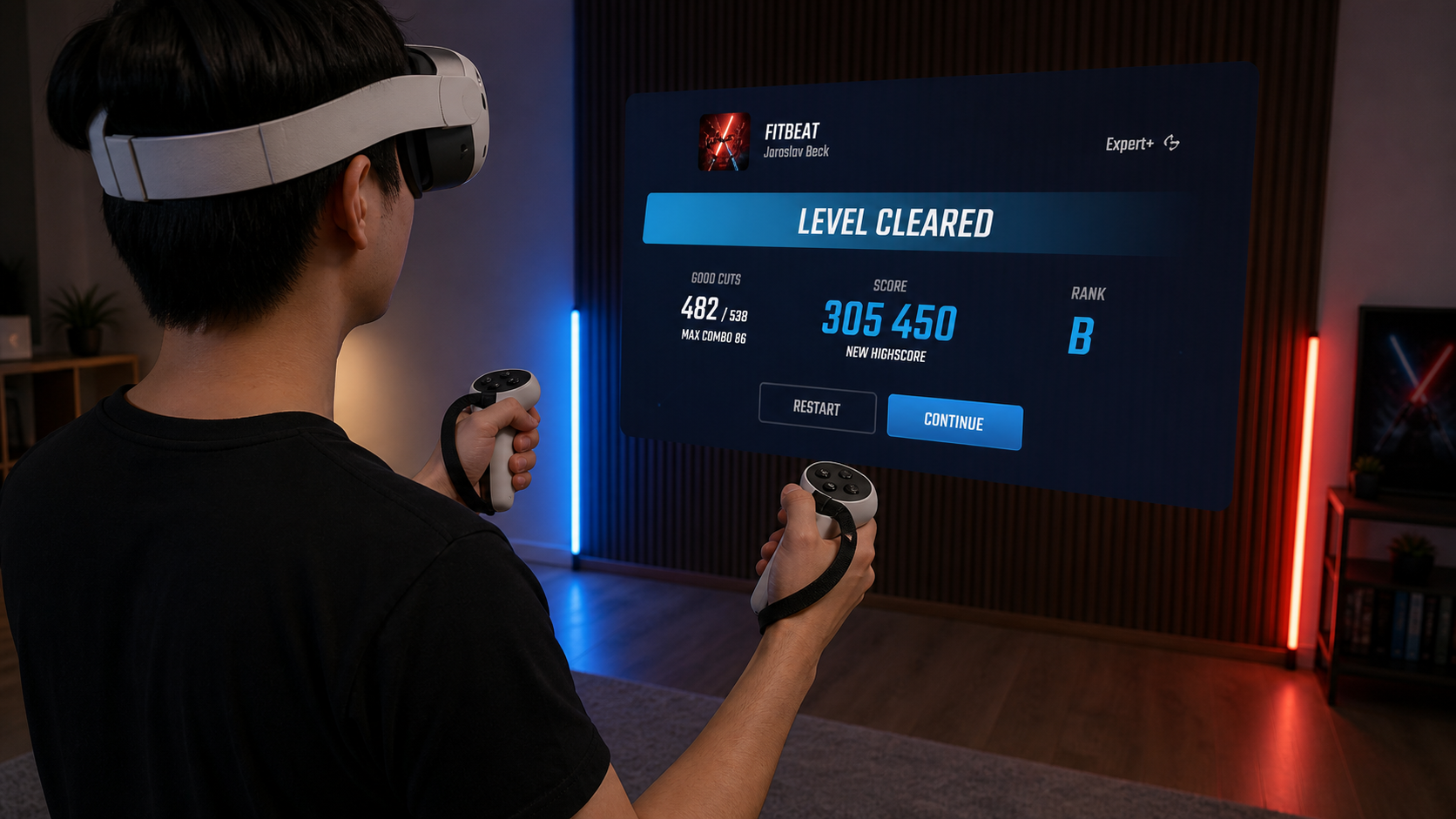 A Beat Saber player looking at a low score on the results screen while holding gripped controllers