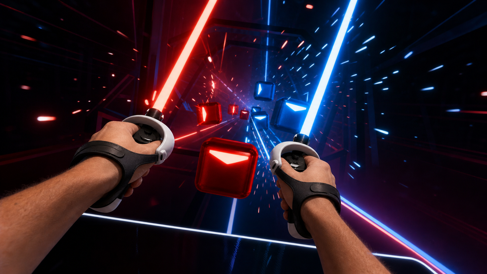 A player's hands locked into position with controller grips while playing a fast Beat Saber map