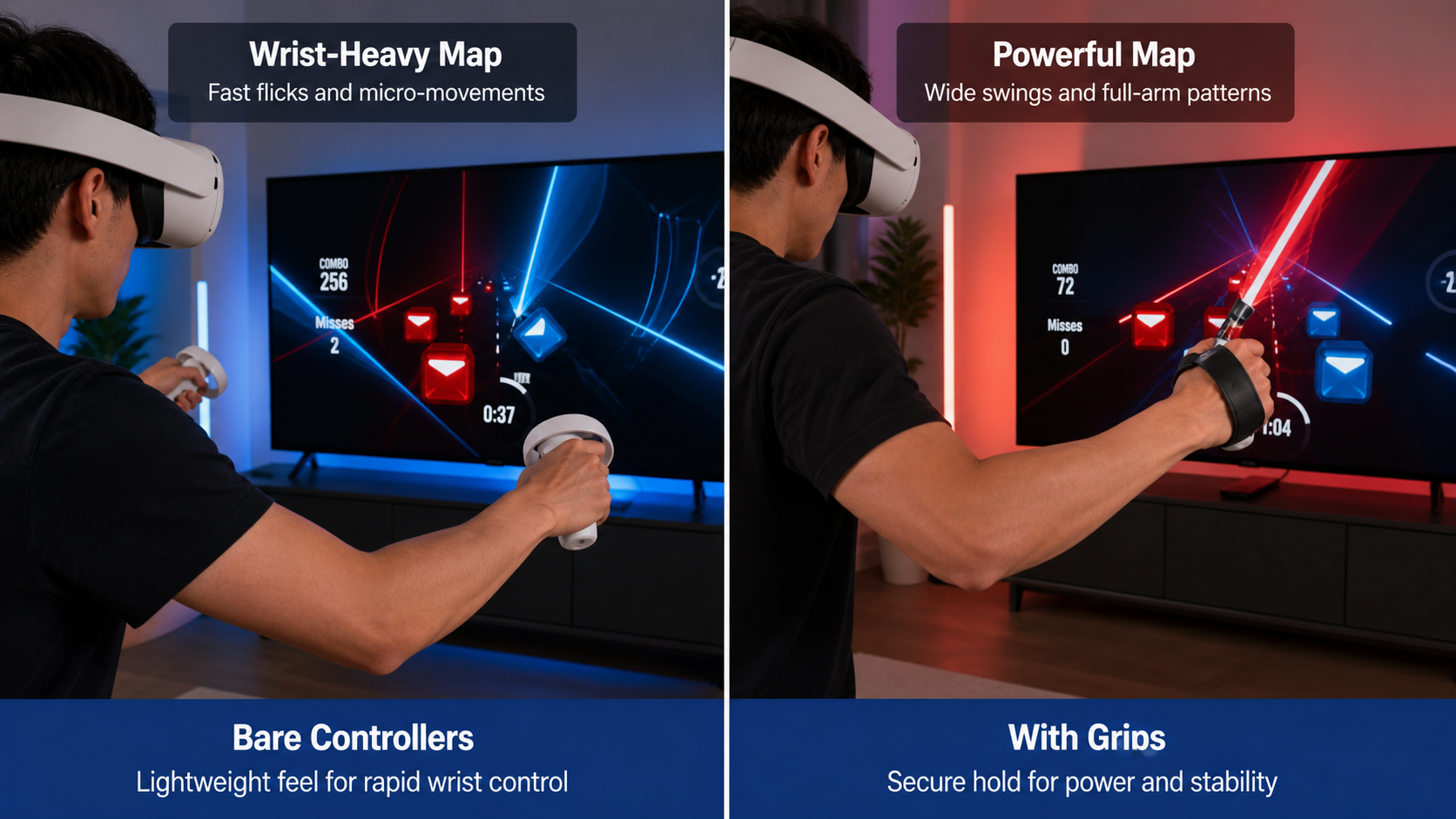 A split-screen view showing a player using a bare controller for a wrist-heavy song and a gripped one for a powerful song