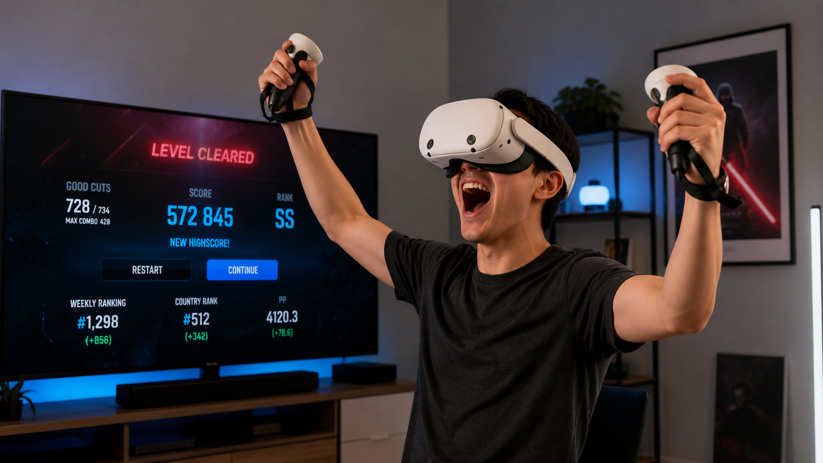 A confident Beat Saber player celebrating a new high score on their Quest 3S after one week with grips