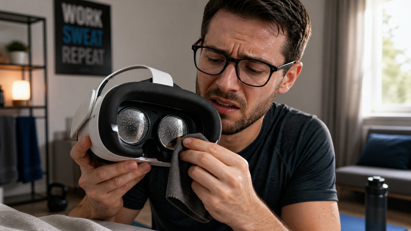 A VR user with glasses looks frustrated while wiping foggy lenses on their headset after a workout session
