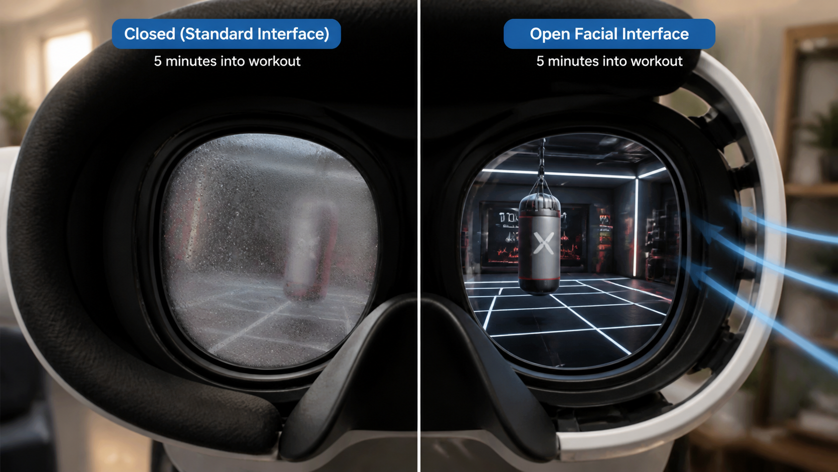 A split-screen view inside a VR headset showing a foggy lens versus a clear lens with better airflow