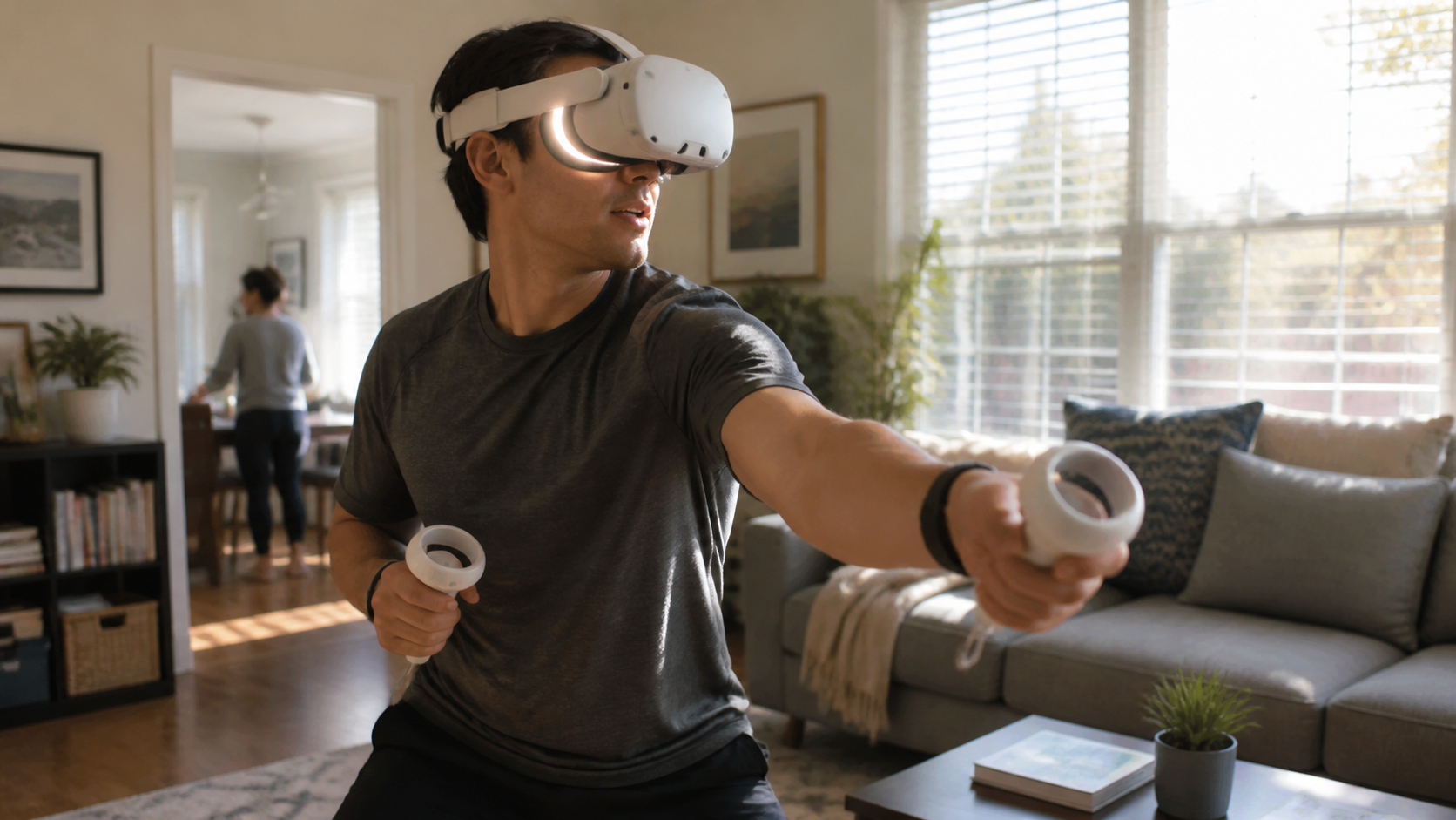 A user in a sunlit living room plays VR, with light visibly leaking into their open-style headset