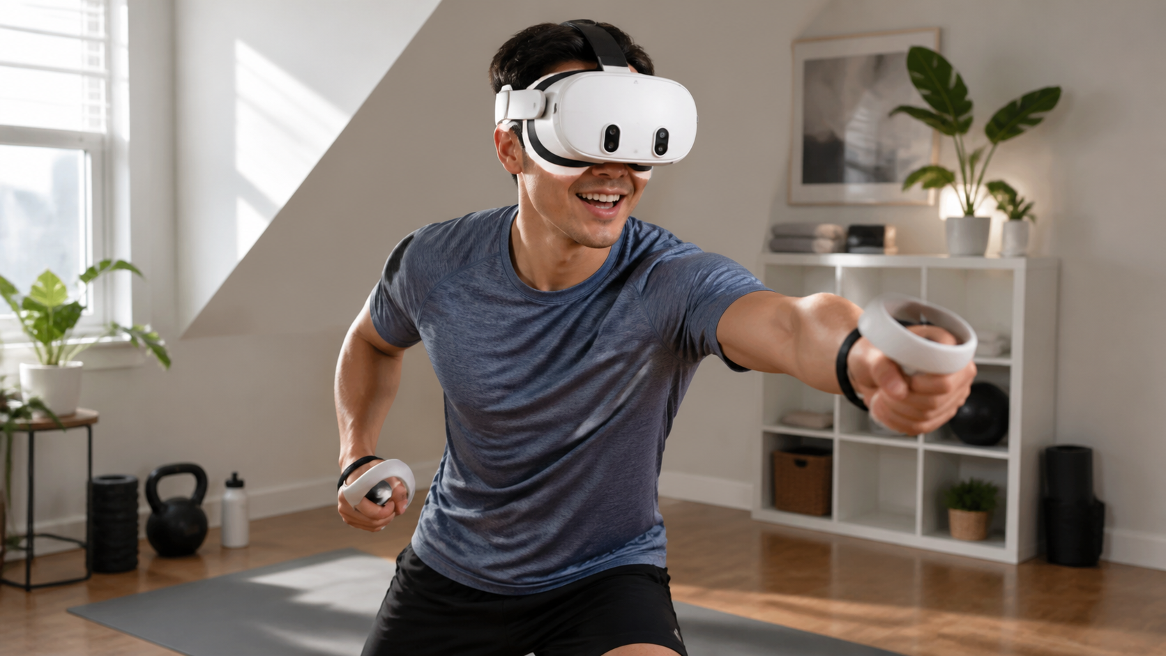 A happy VR user playing an active fitness game with an open facial interface, showing no lens fog