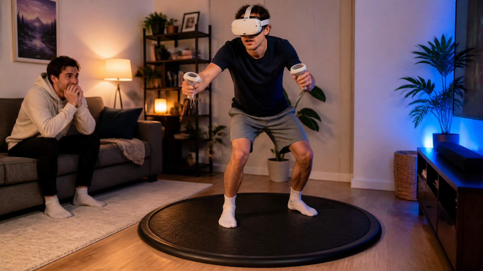 A new VR user wearing a Quest 3 headset cautiously playing Gorilla Tag as a friend watches nervously