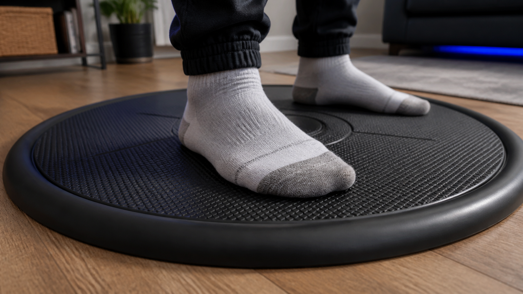 Close-up of a person's socked feet on a round VR mat, showing the textured surface and raised tactile edge
