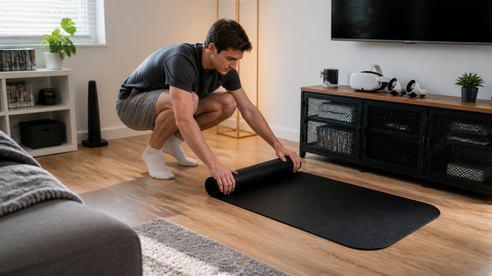 A person placing a simple yoga mat on their living room floor to create a DIY VR playspace