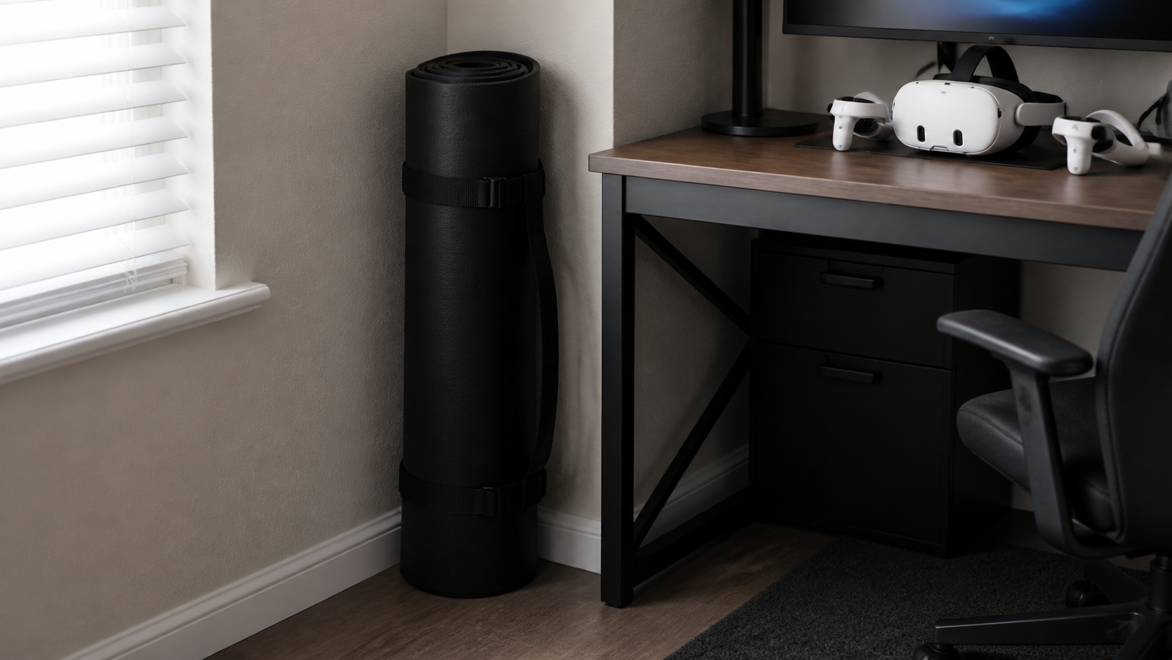A black VR mat rolled up and stored neatly in the corner of a room beside a desk