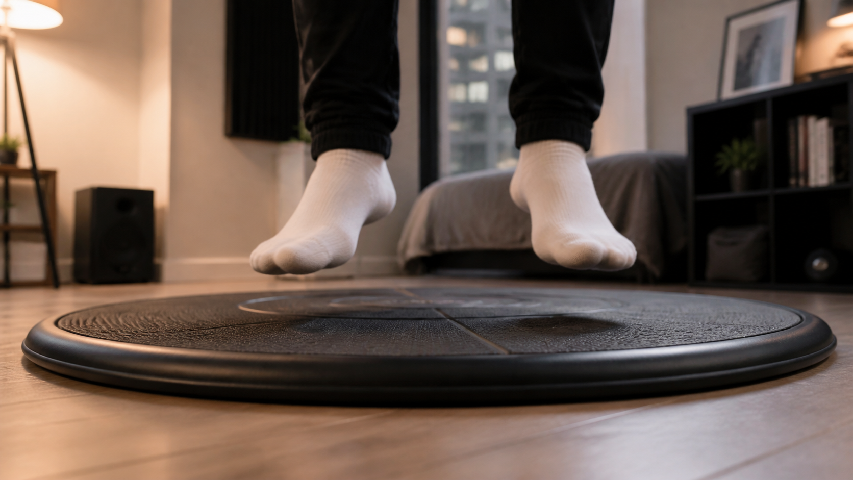 Low-angle view of someone's feet landing on a VR mat, suggesting sound dampening for apartment living