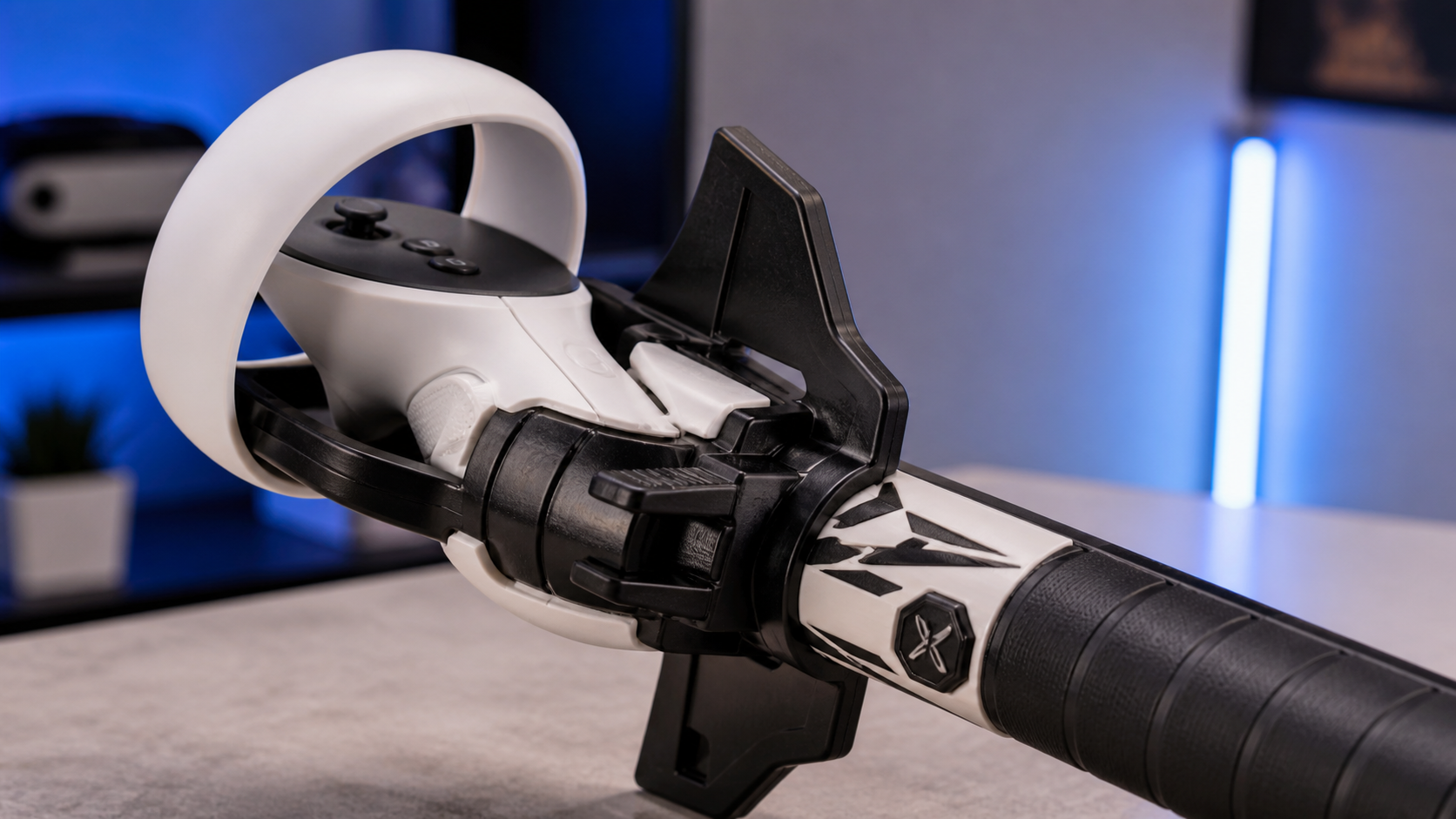 A close-up view showing how the Meta Quest 3 controller is securely locked into the VR sword accessory.