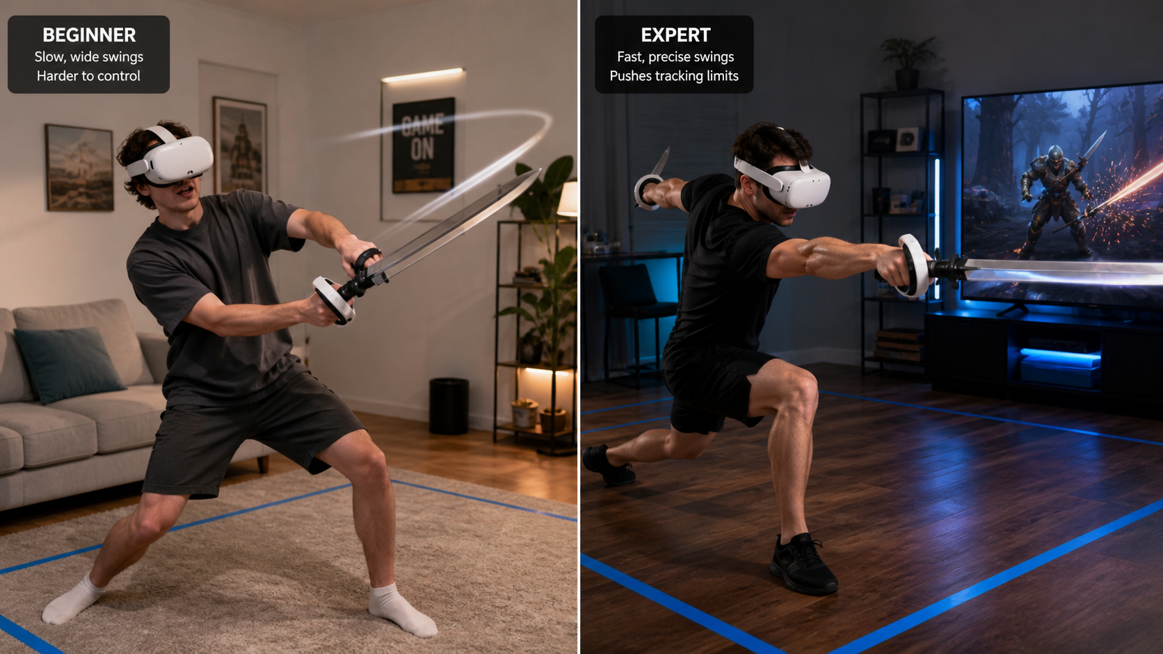 A beginner struggles with a VR sword attachment while an experienced user executes a fast, precise swing in a game.