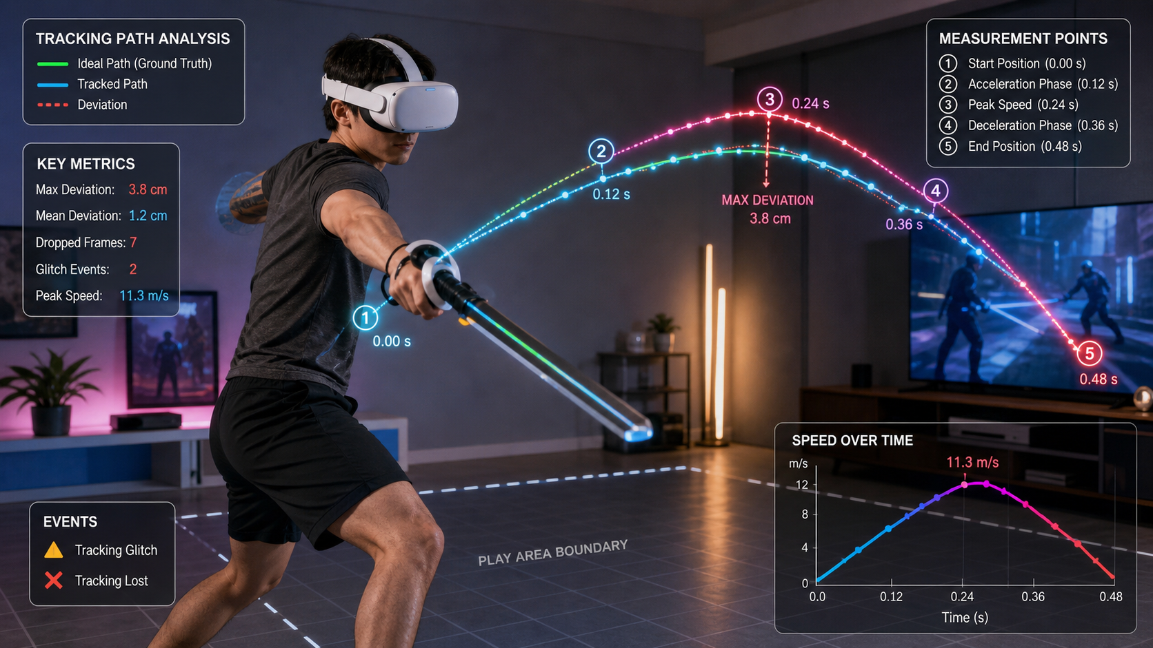 Visual data overlay showing the tracking path of a VR controller during a fast swing, highlighting potential measurement points.