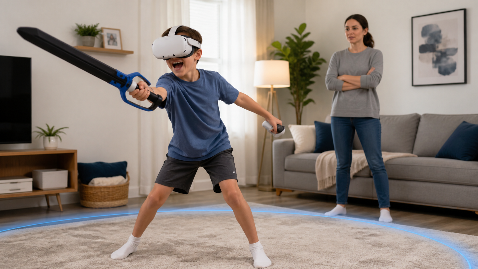 A child enthusiastically swinging a VR sword accessory in a living room, with a cautious parent supervising from nearby.