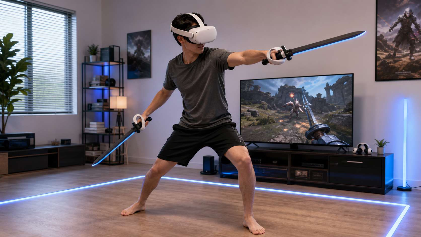 A VR gamer in a spacious, clear room dual-wielding VR sword attachments for an immersive experience in a melee game.