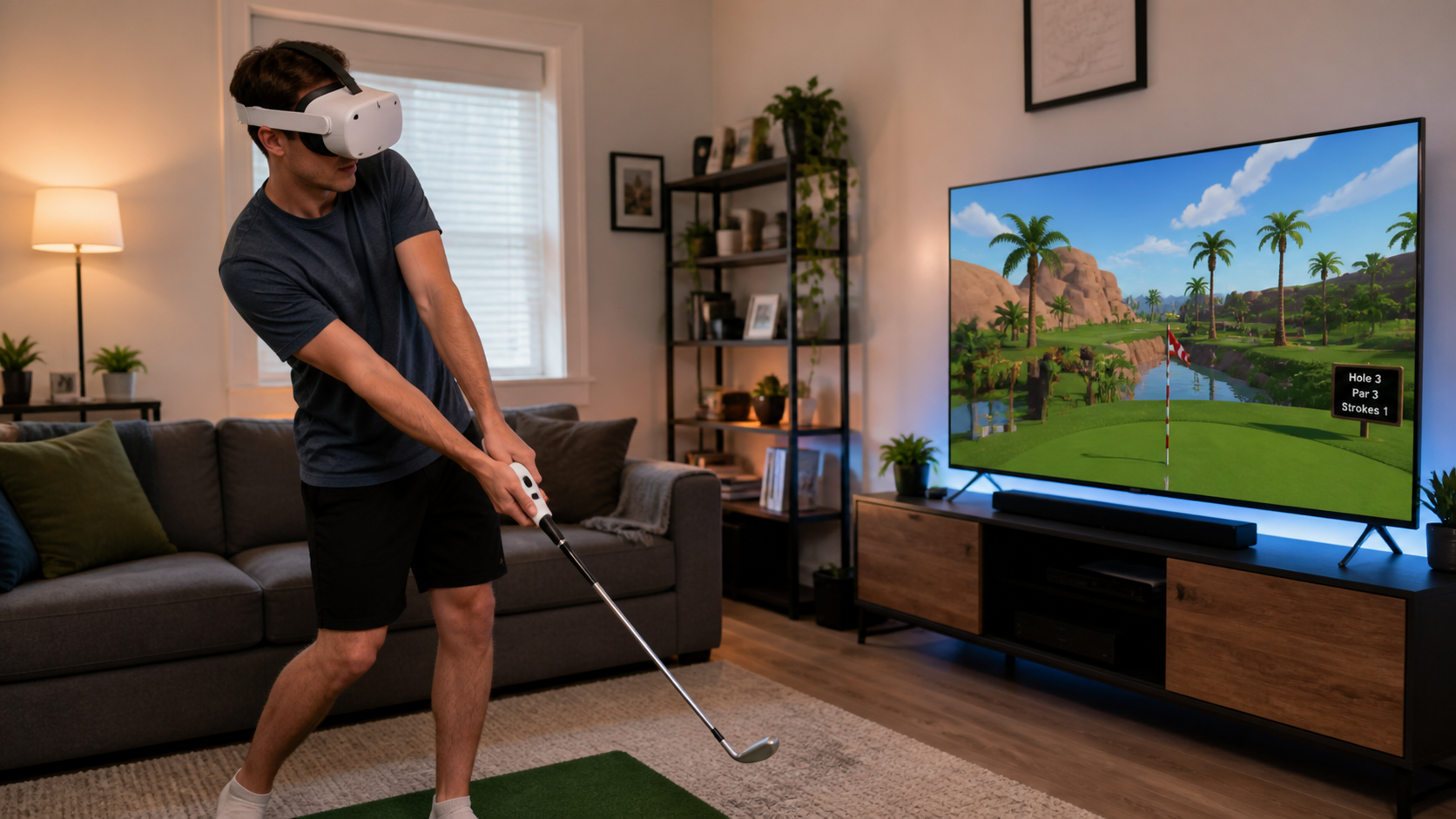 A person in their living room holding a Meta Quest controller in a golf club attachment, playing left-handed VR golf.