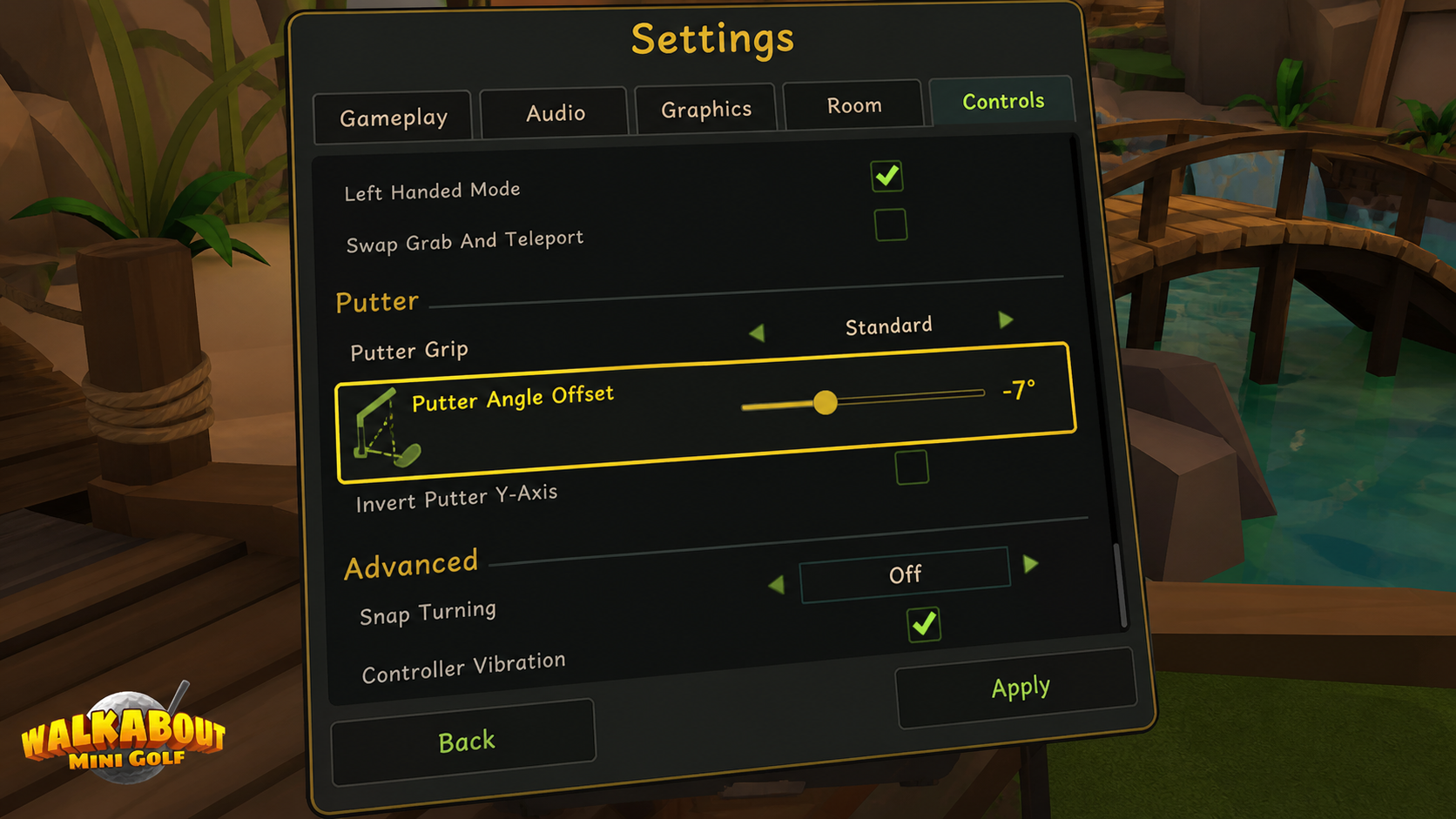 Close-up view of the Walkabout Mini Golf in-game settings menu showing the putter angle adjustment slider.
