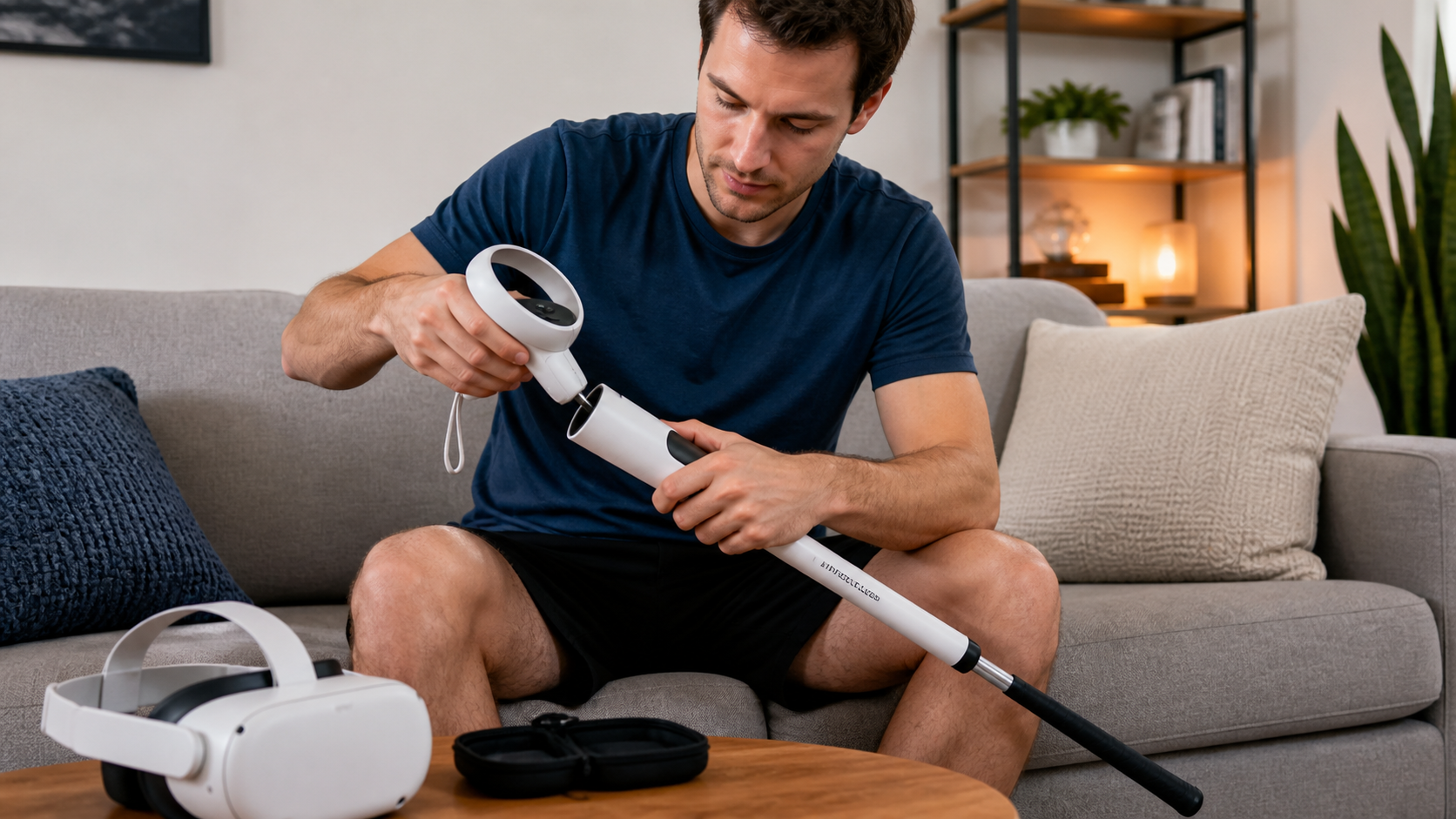 A person sitting on a couch, easily attaching a Meta Quest controller into a VR golf club accessory.