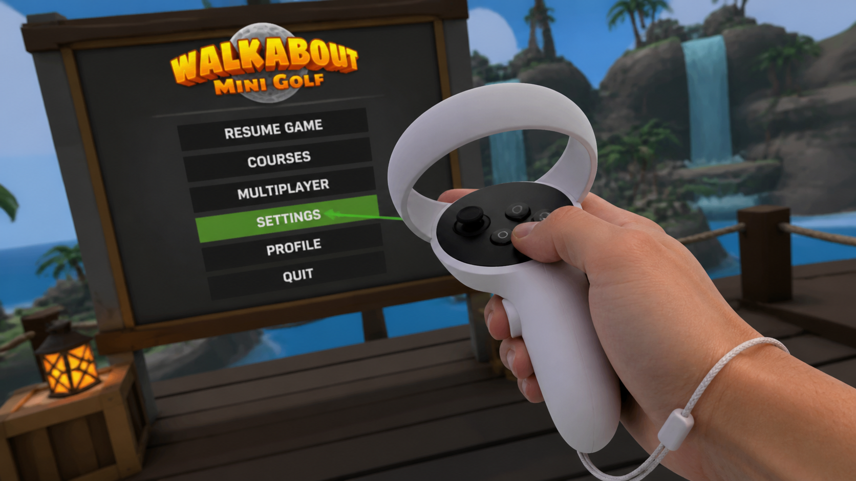 A player's hand holding a bare Meta Quest controller, easily pressing a button to navigate the VR game menu.