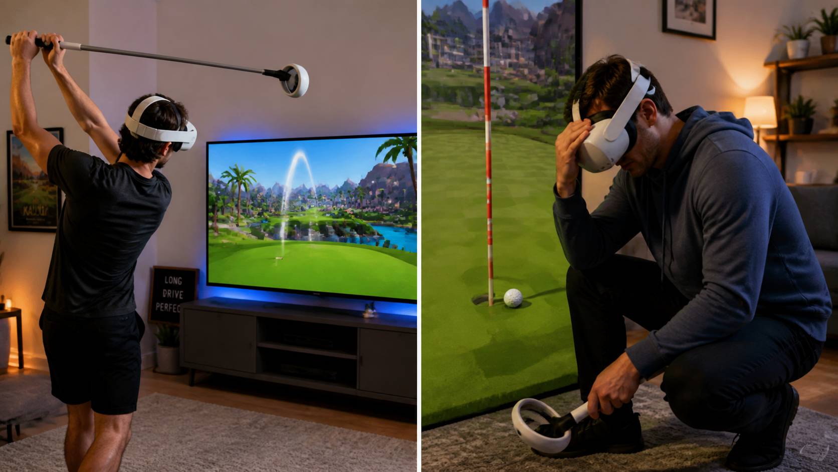 A split view showing a VR player celebrating a long drive and another player looking frustrated at a missed short putt.