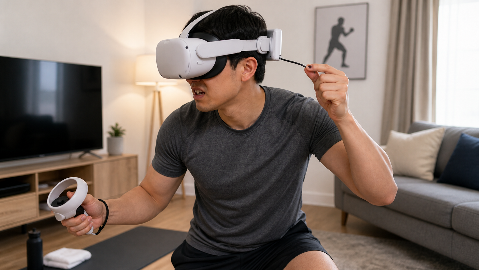 A VR fitness user in their living room looking frustrated at a short battery pack cable