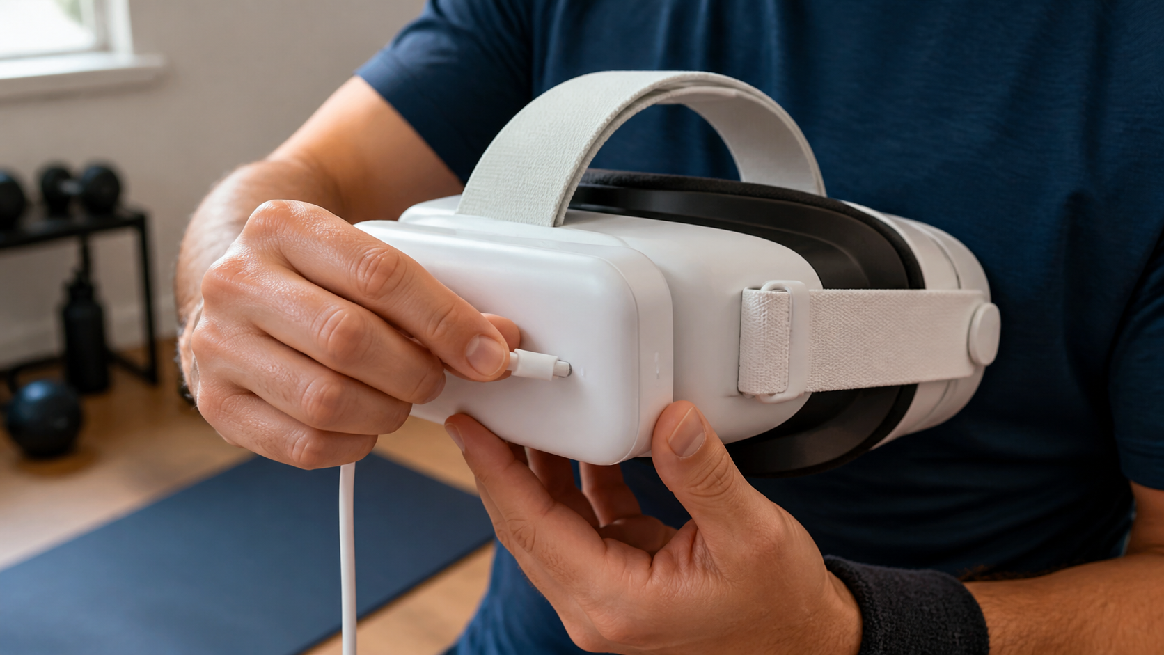 A close-up of a person's hands connecting the Quest Battery Pack to the headset during a workout