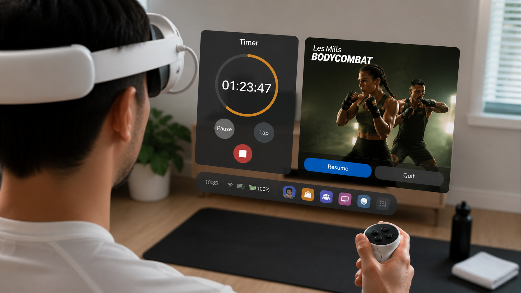 A person looking at their Quest's home screen with the timer app open next to their fitness game