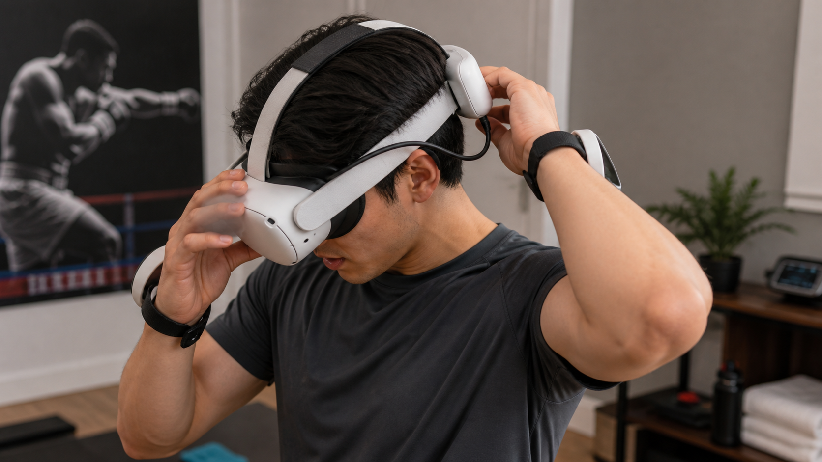 A VR user in a boxing game pausing to adjust their head strap and the attached battery pack