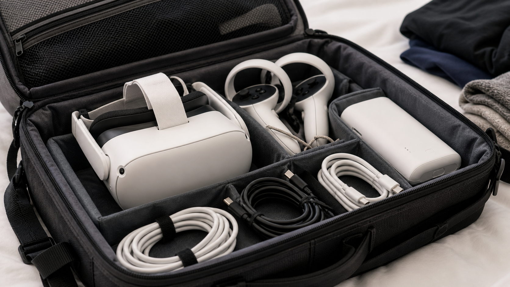 An open travel bag showing a VR headset, controllers, a separate battery pack, and multiple charging cables
