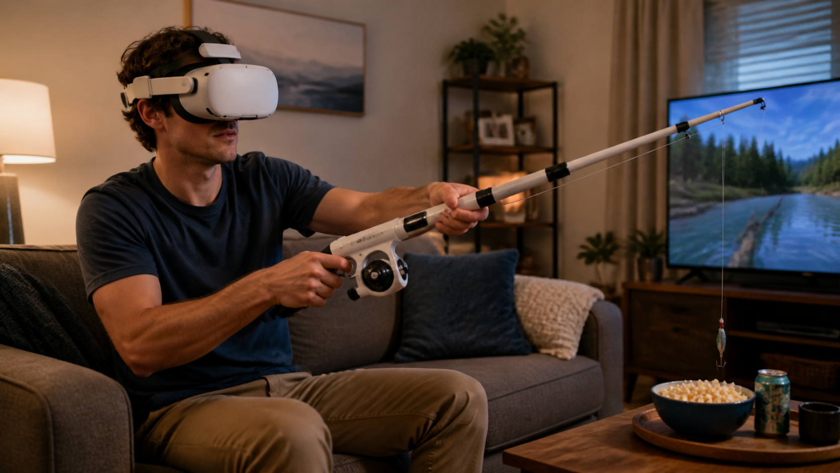 A person sitting on a couch using a VR fishing rod accessory with a Quest headset on.