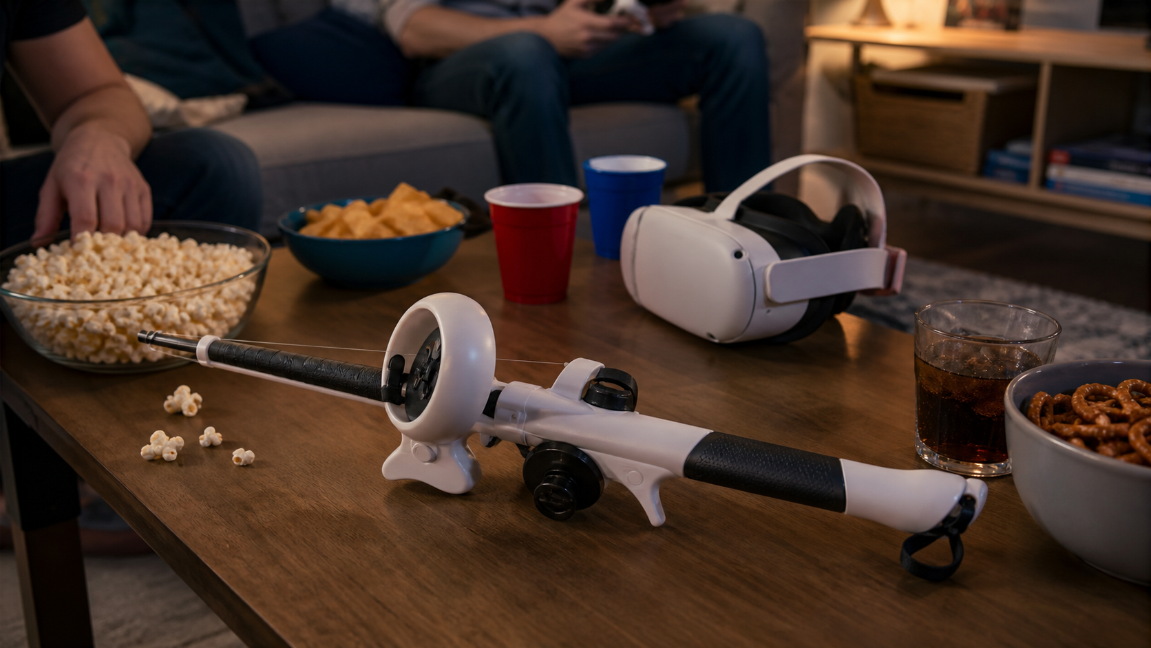 A VR fishing rod accessory lying awkwardly on a coffee table next to snacks and drinks.