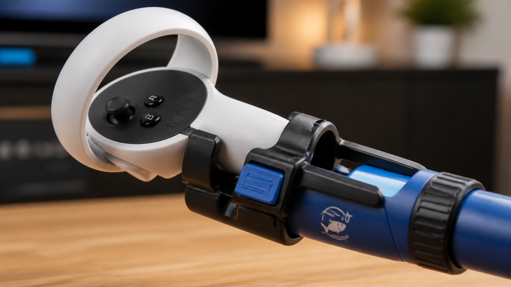 A close-up view of the Quest Touch Plus controller securely locked into the VR fishing rod accessory.