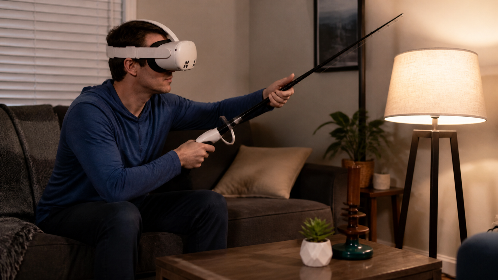 A person in a small living room carefully casting with a VR fishing rod, trying to avoid a nearby lamp.