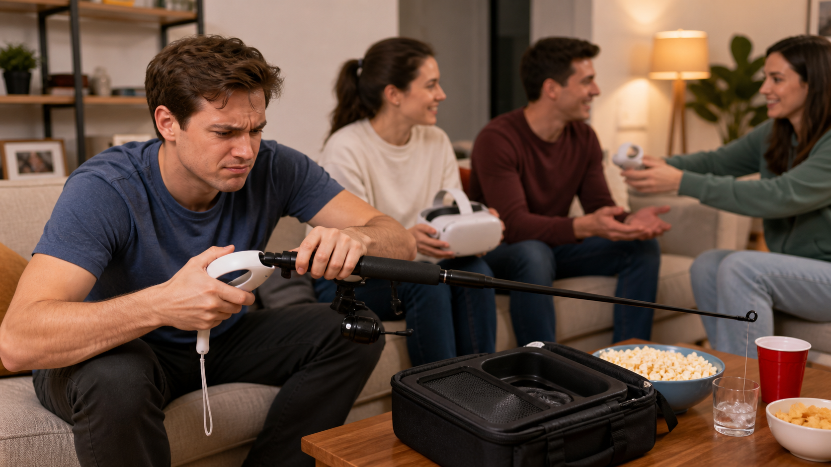 A family on a couch taking turns with a VR headset, one person struggling to attach the controller to the fishing rod.
